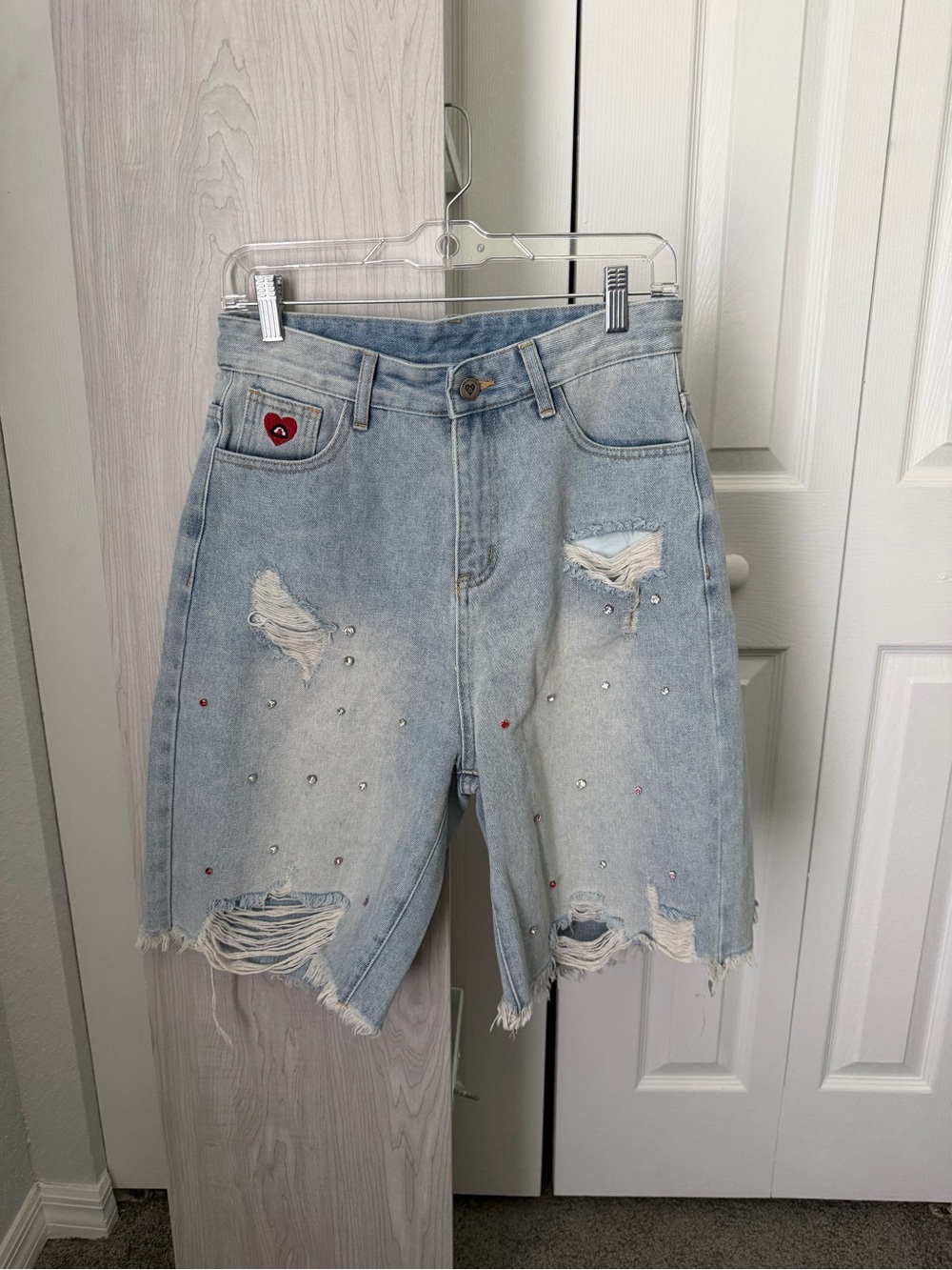 Aelfric Eden Light Blue Rhinestone Application Jorts - 28 NWT